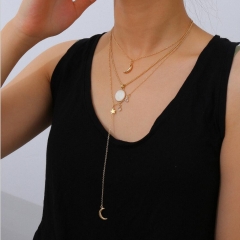 Personality tassel multi-layer rhinestone necklace women Sun, moon and stars geometric pendant necklace for women