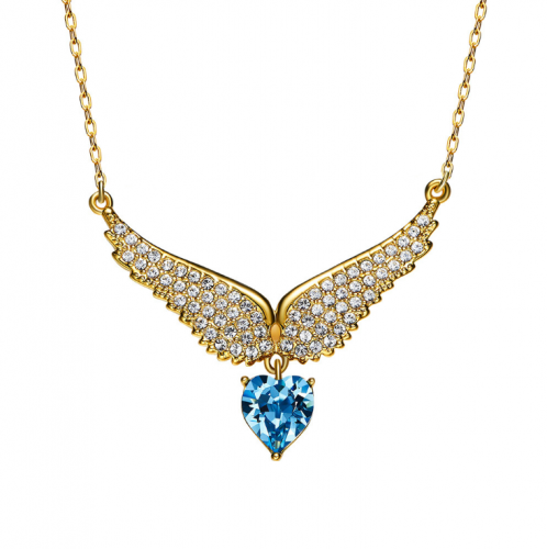 Necklace of blue crystal with golden angel wings necklace