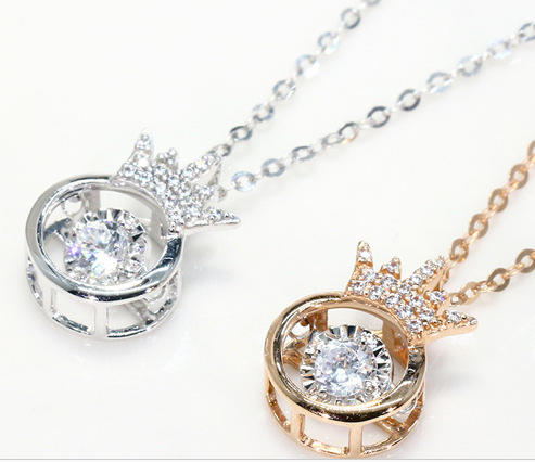 Beating heart diamond stainless steel crown rhinestone necklace for female in white