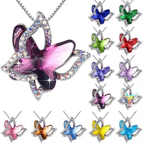 12 Color Butterfly Birthstone Crystal Pendant Necklace for Women Girls Mothers Day Anniversary Birthday Christmas Gifts Jewelry