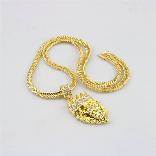 Hip Hop Jewelry Ice Crystal Clear Rhinestone Curb Cuban Chain Gold Crown Lion Head Pendant Necklace