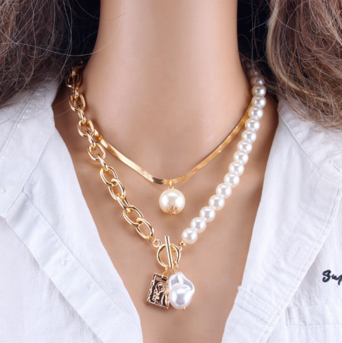 fashion dainty pearl choker necklace coin and gold Multi layered chain jewelry necklace with pearl pendant necklace