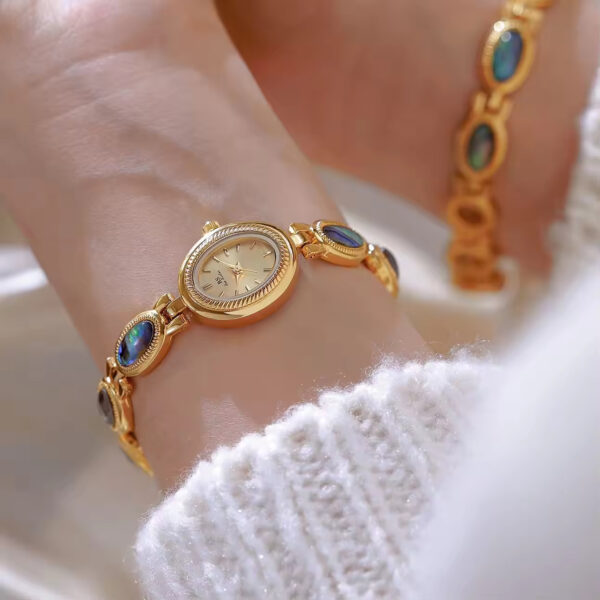 Bee Sister High-End Vintage Quartz Watch for Women Waterproof Alloy Bracelet Black Gold Abalone Shell Ronda Movement Glass Dial