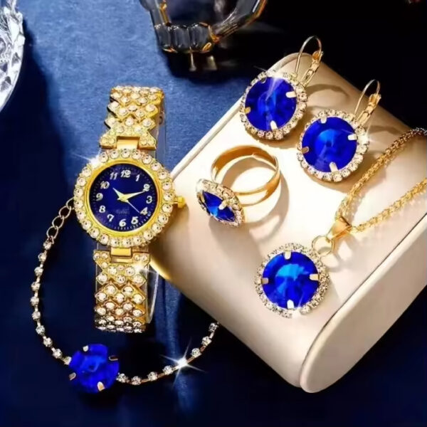 Elegant Women’s Blue Rhinestone Jewelry Set Heart Necklace Jewelry Rhinestone Blue Stone Gold Accents Quartz Watch